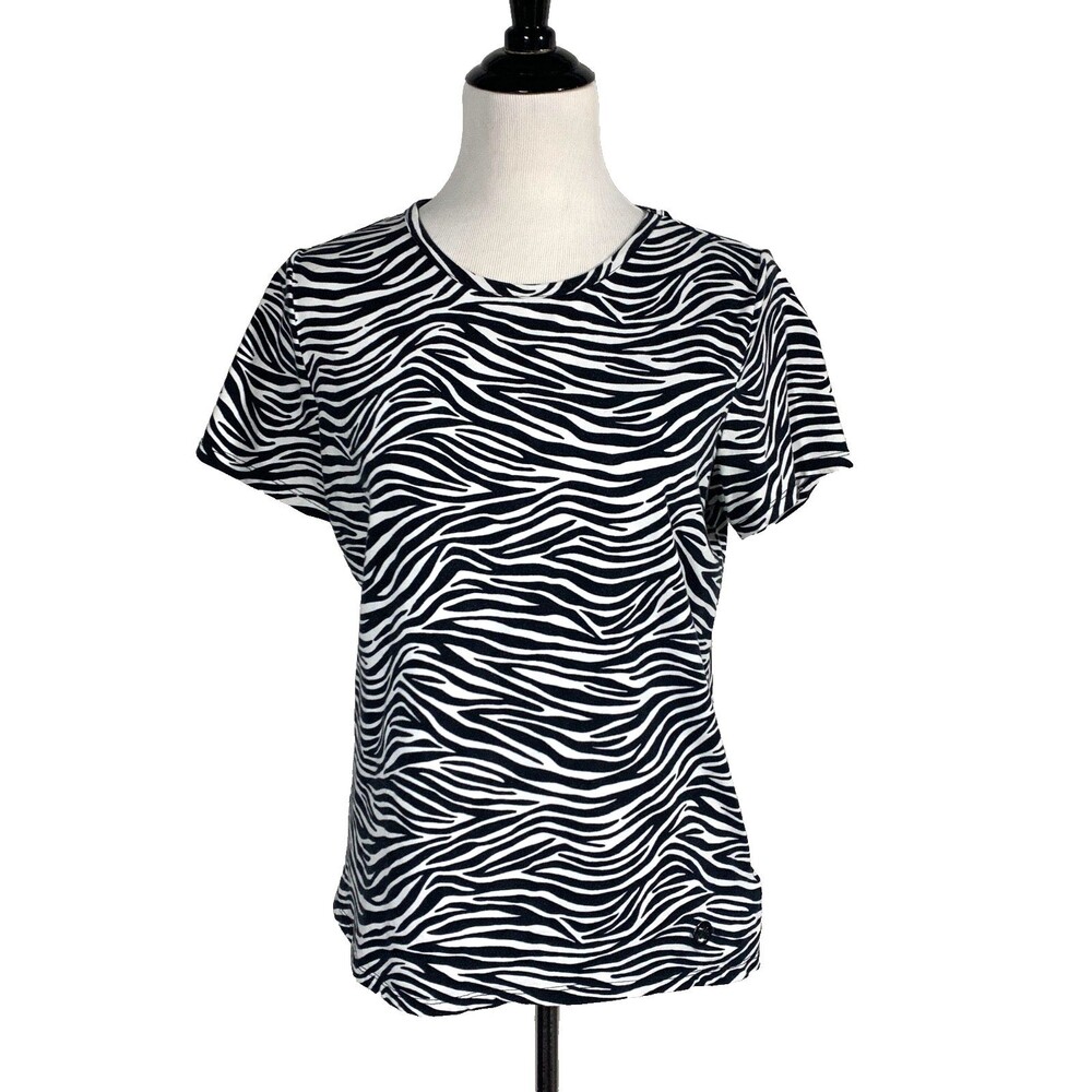 Michael Kors Tee Shirt Top Black White Zebra Print Crew Neck Short Sleeve Size L